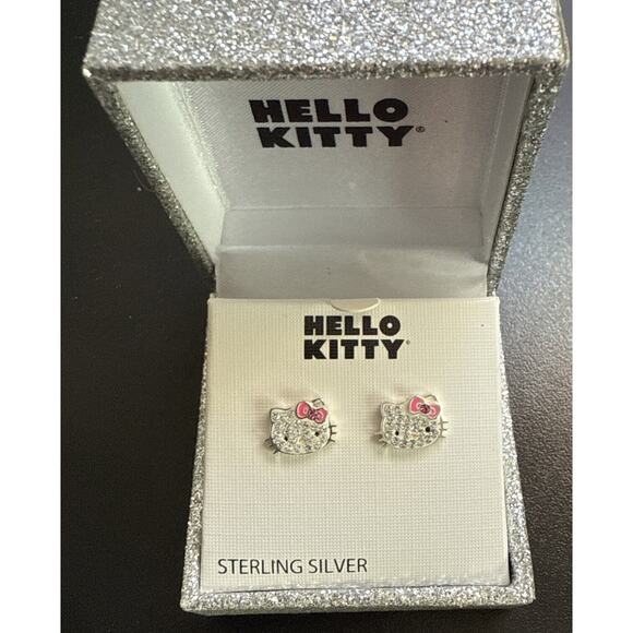 New - Hello Kitty Fine Silver Plated Earrings Sparkling Studs Gift Box - Picture 1 of 3